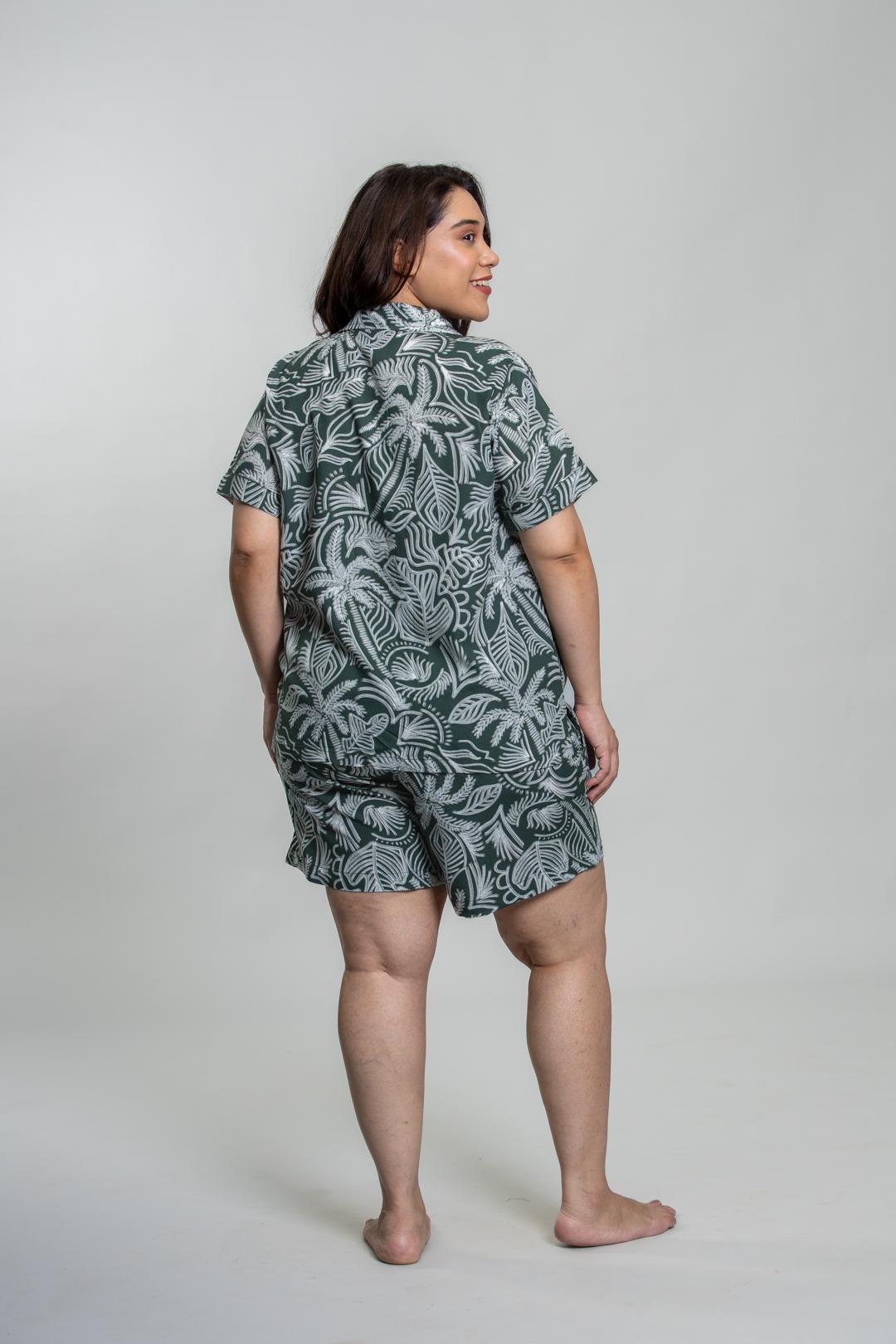 Eden Green Printed Cotton Blend Women's Curve Shorts Set- Half Sleeves