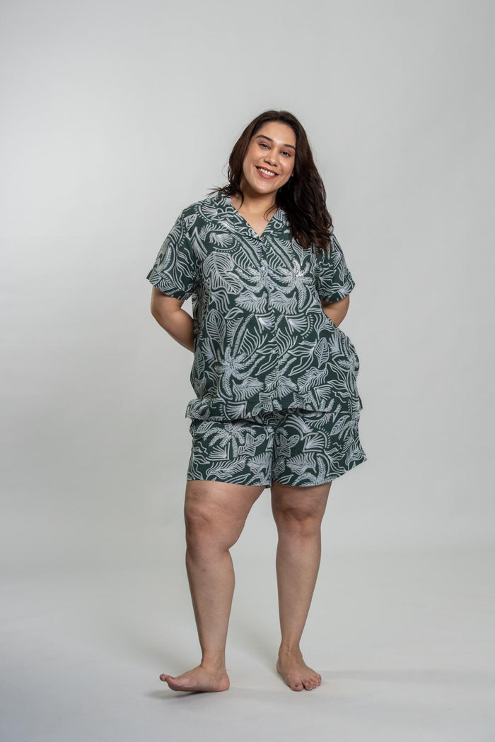 Eden Green Printed Cotton Blend Women's Curve Shorts Set- Half Sleeves