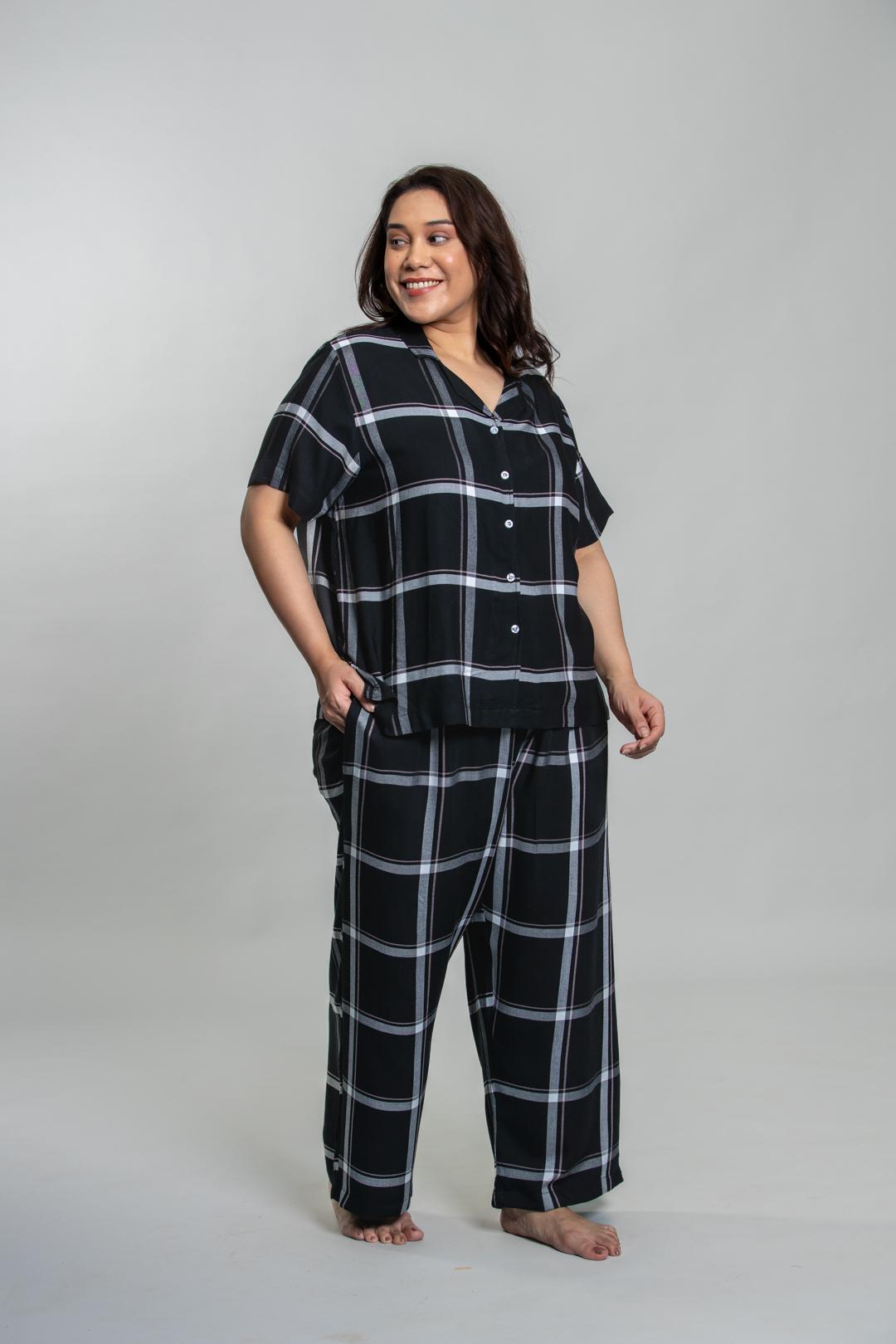 Clara Black Checks Cotton Blend Women's Curve Pajama Set- Half Sleeves