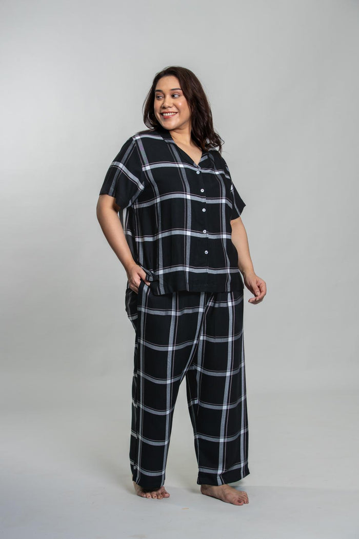 Clara Black Checks Cotton Blend Women's Curve Pajama Set- Half Sleeves