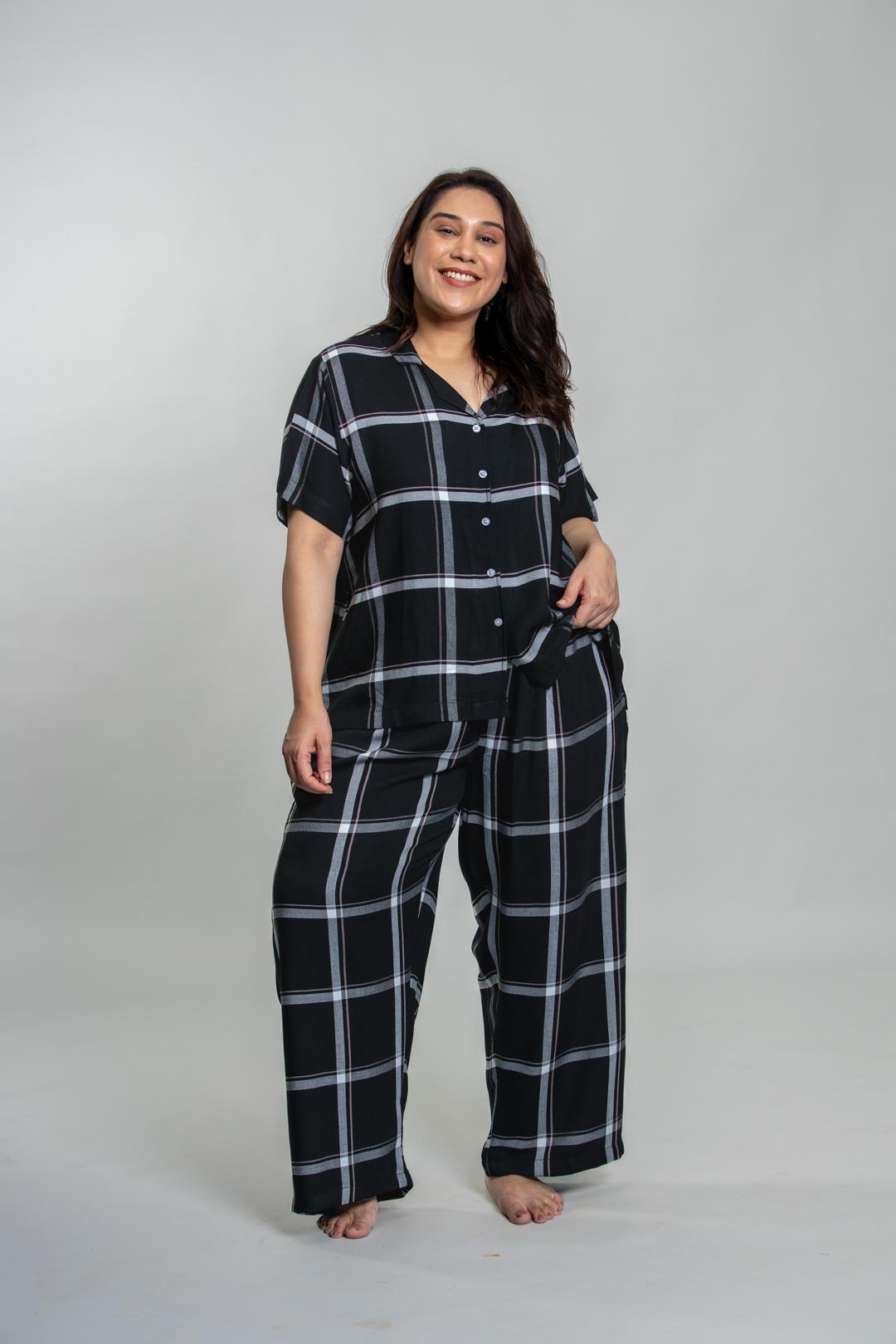 Clara Black Checks Cotton Blend Women's Curve Pajama Set- Half Sleeves