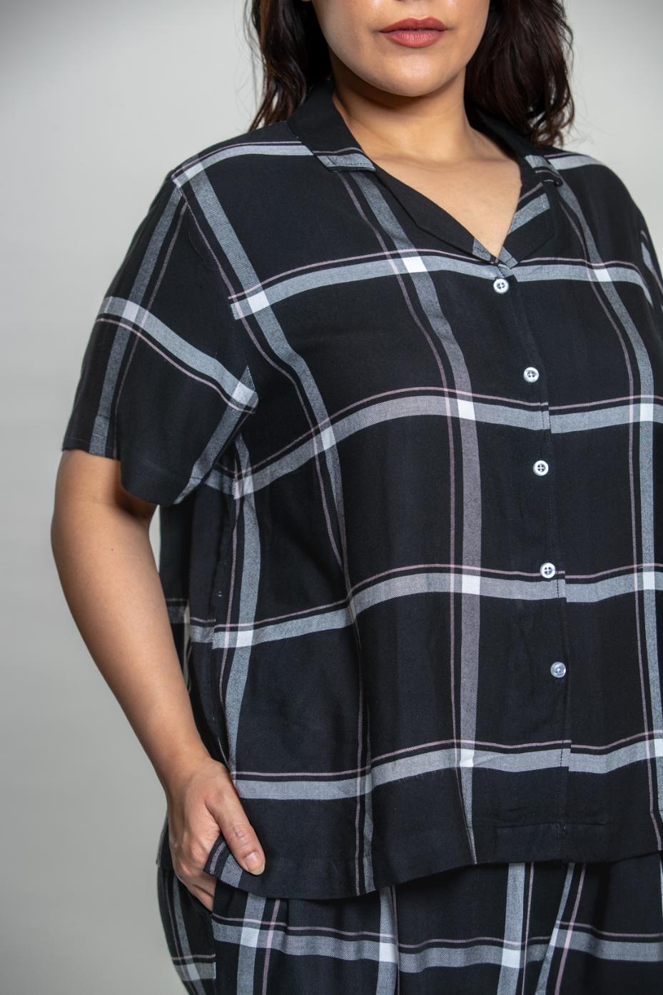 Clara Black Checks Cotton Blend Women's Curve Pajama Set- Half Sleeves