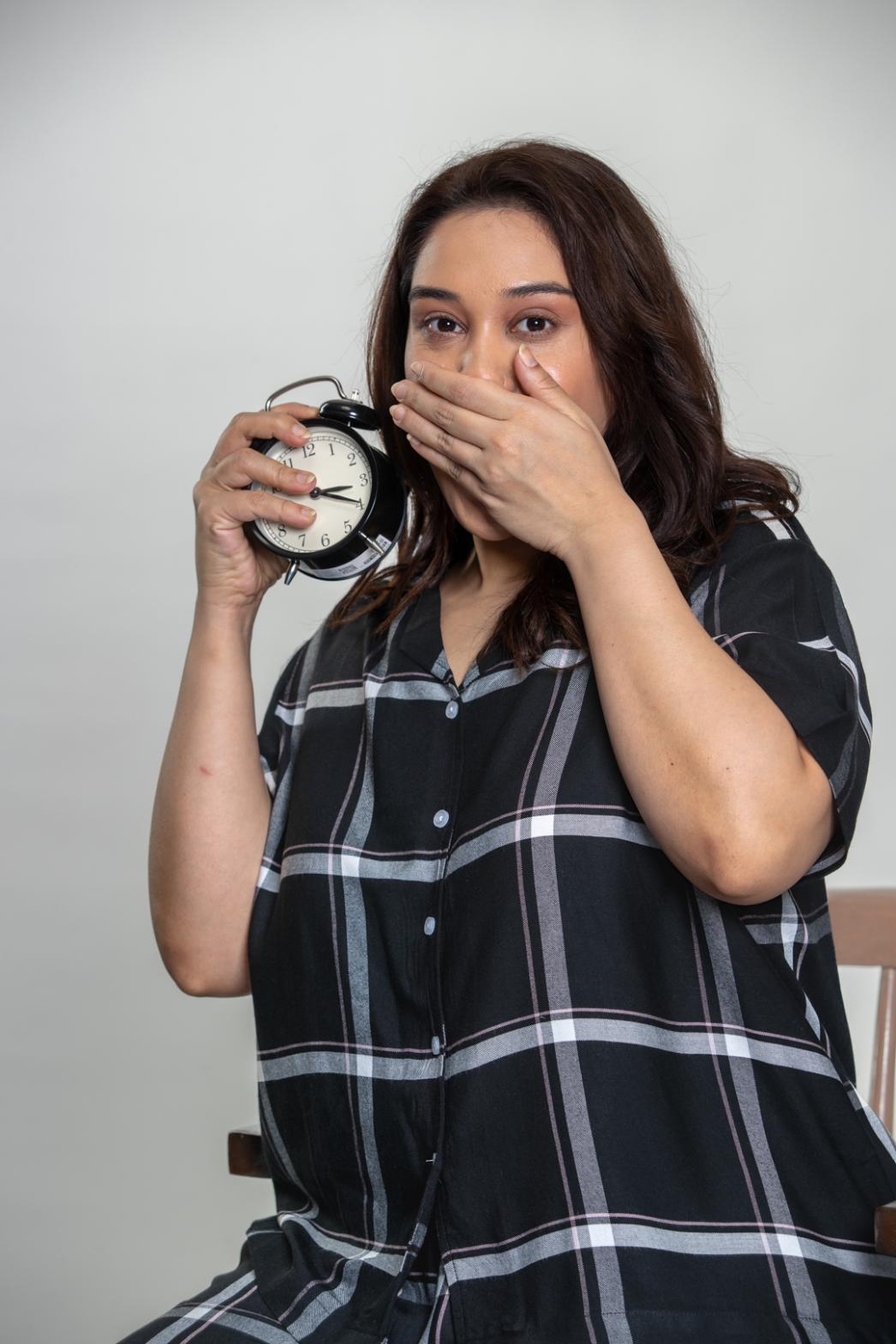 Clara Black Checks Cotton Blend Women's Curve Pajama Set- Half Sleeves