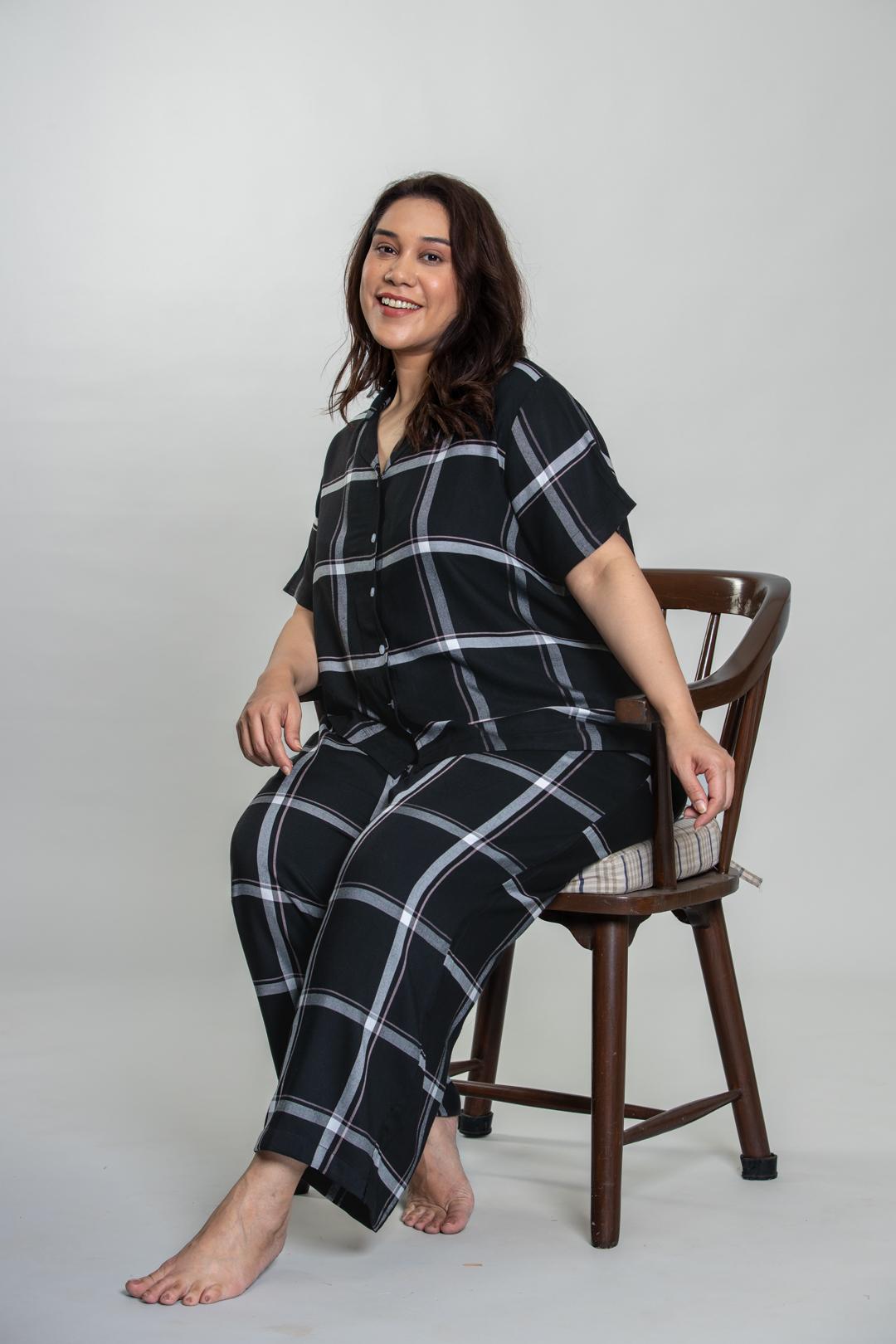 Clara Black Checks Cotton Blend Women's Curve Pajama Set- Half Sleeves
