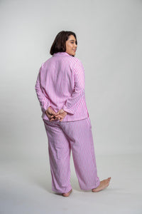 Mila Pink Stripe Cotton Women's Curve Pajama Set - Full Sleeves