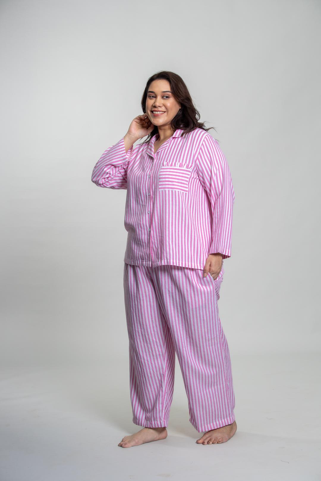 Mila Pink Stripe Cotton Women's Curve Pajama Set - Full Sleeves