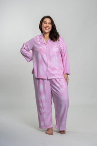Mila Pink Stripe Cotton Women's Curve Pajama Set - Full Sleeves
