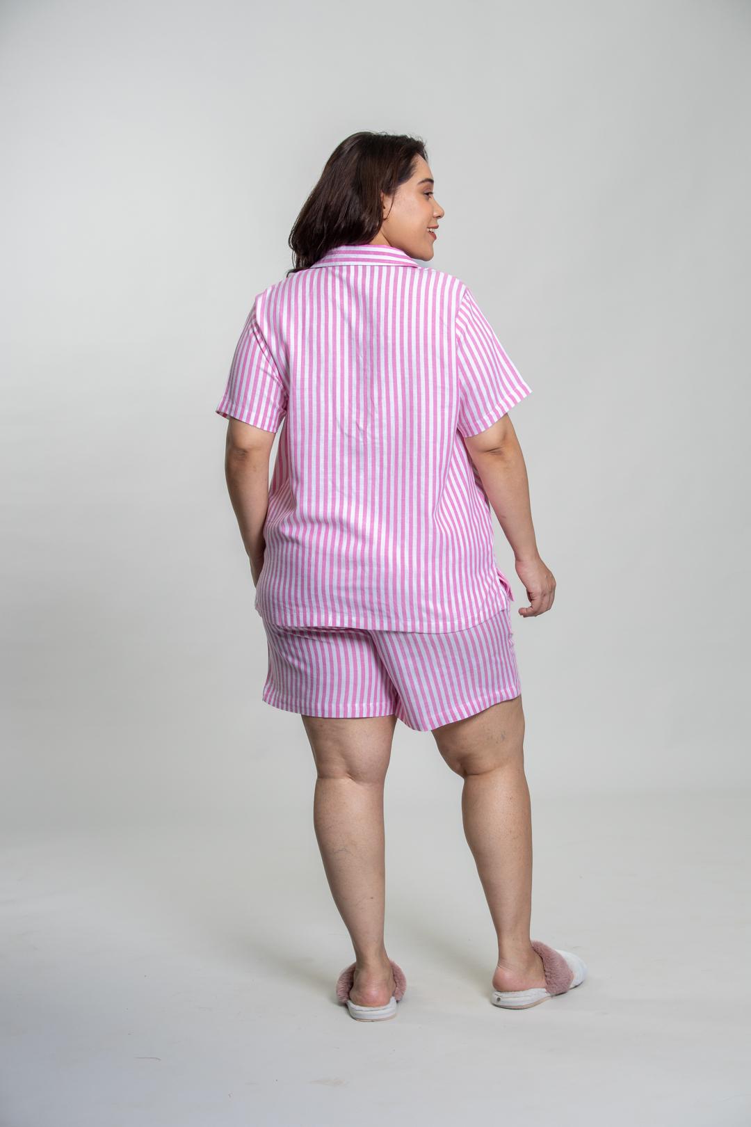 Mila Pink Stripe Cotton Women's Curve Shorts Set