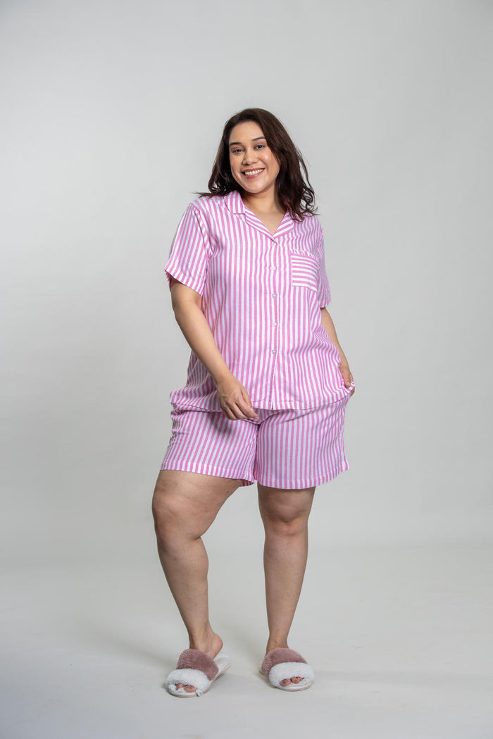 Mila Pink Stripe Cotton Women's Curve Shorts Set