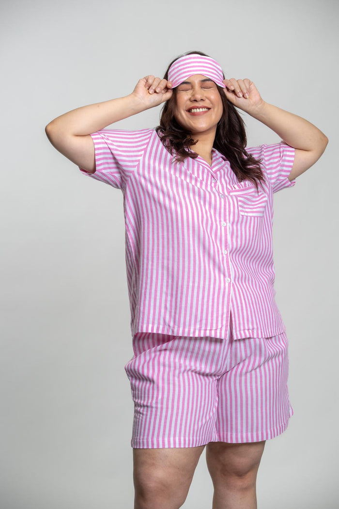 Mila Pink Stripe Cotton Women's Curve Shorts Set