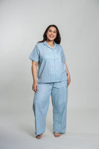 Tiffany Blue Twill Stripe Cotton Women's Curve Pajama Set- Half Sleeves