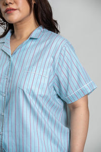 Tiffany Blue Twill Stripe Cotton Women's Curve Pajama Set- Half Sleeves