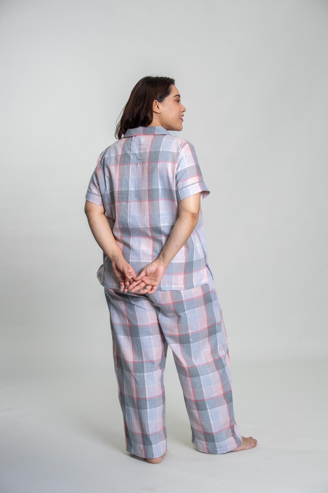Winter Dusk Lurex Check Cotton Women's Curve Pajama Set - Half Sleeves