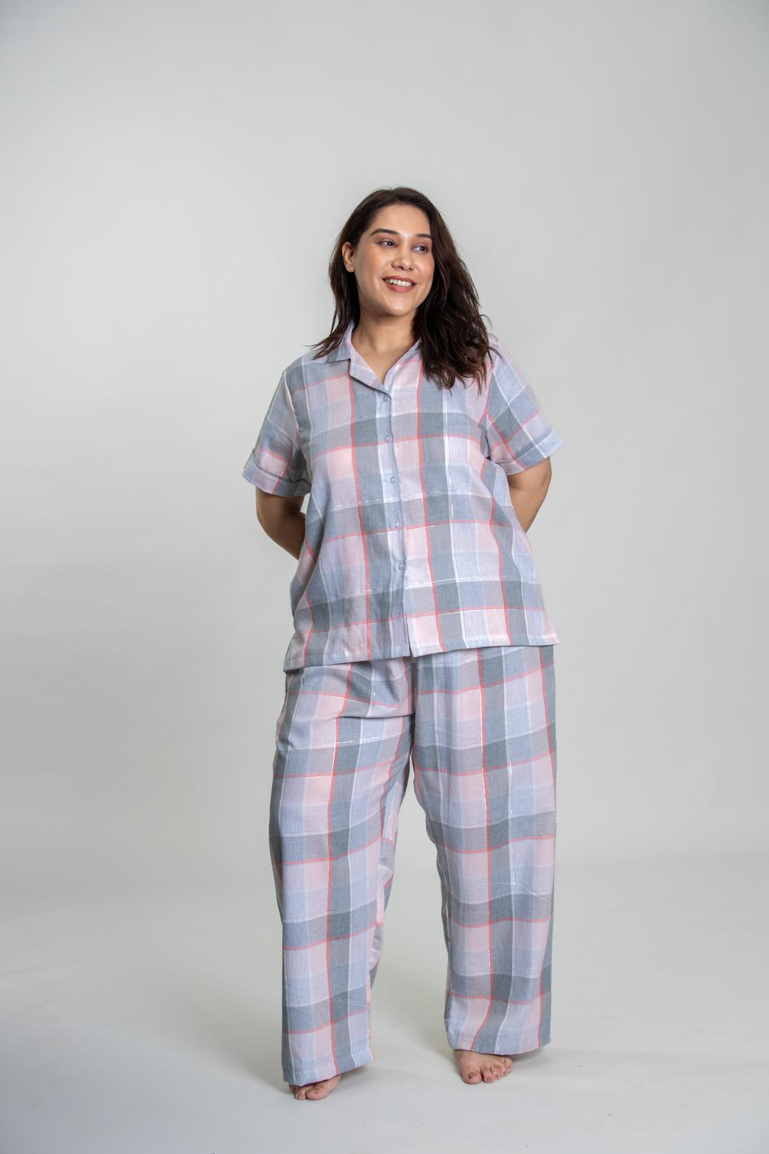 Winter Dusk Lurex Check Cotton Women's Curve Pajama Set - Half Sleeves