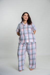 Winter Dusk Lurex Check Cotton Women's Curve Pajama Set - Half Sleeves
