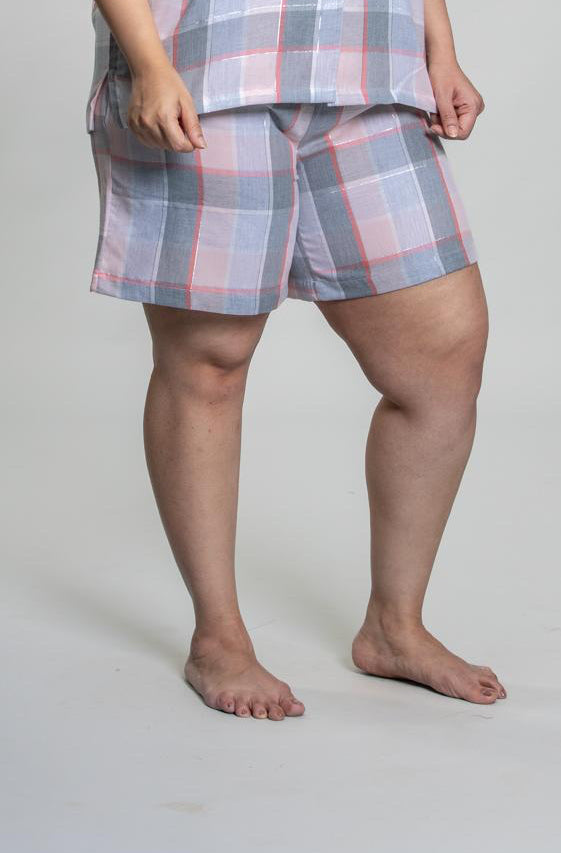 Winter Dusk Lurex Check Cotton Women's Curve Shorts Set - Half Sleeves