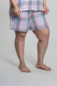 Winter Dusk Lurex Check Cotton Women's Curve Shorts Set - Half Sleeves