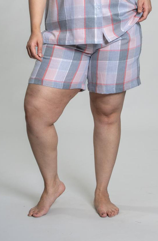 Winter Dusk Lurex Check Cotton Women's Curve Shorts Set - Half Sleeves