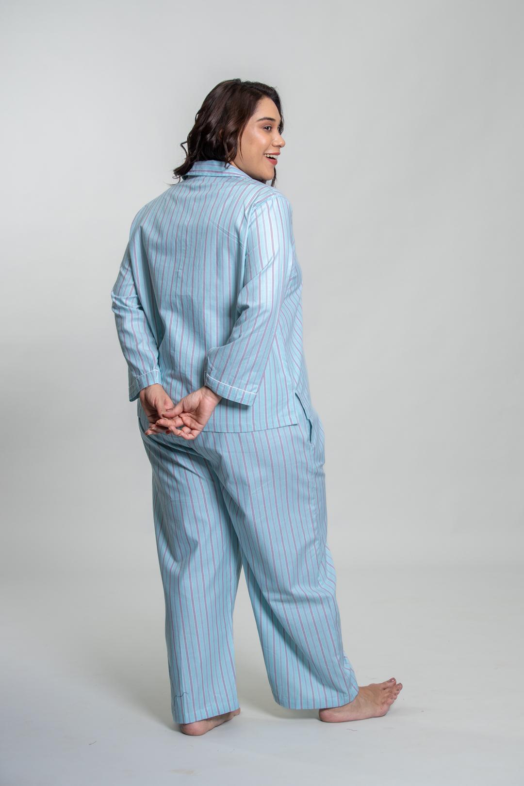 Tiffany Blue Twill Stripe Cotton Women's Curve Pajama Set- Full Sleeves