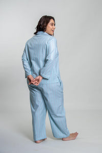Tiffany Blue Twill Stripe Cotton Women's Curve Pajama Set- Full Sleeves