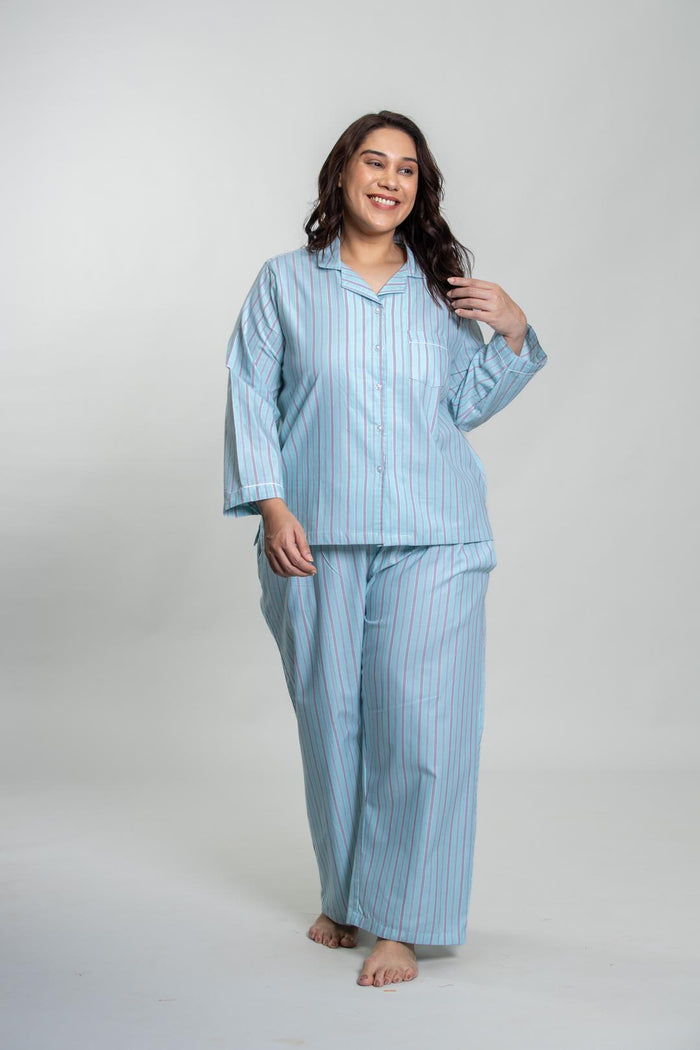 Tiffany Blue Twill Stripe Cotton Women's Curve Pajama Set- Full Sleeves