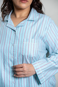 Tiffany Blue Twill Stripe Cotton Women's Curve Pajama Set- Full Sleeves