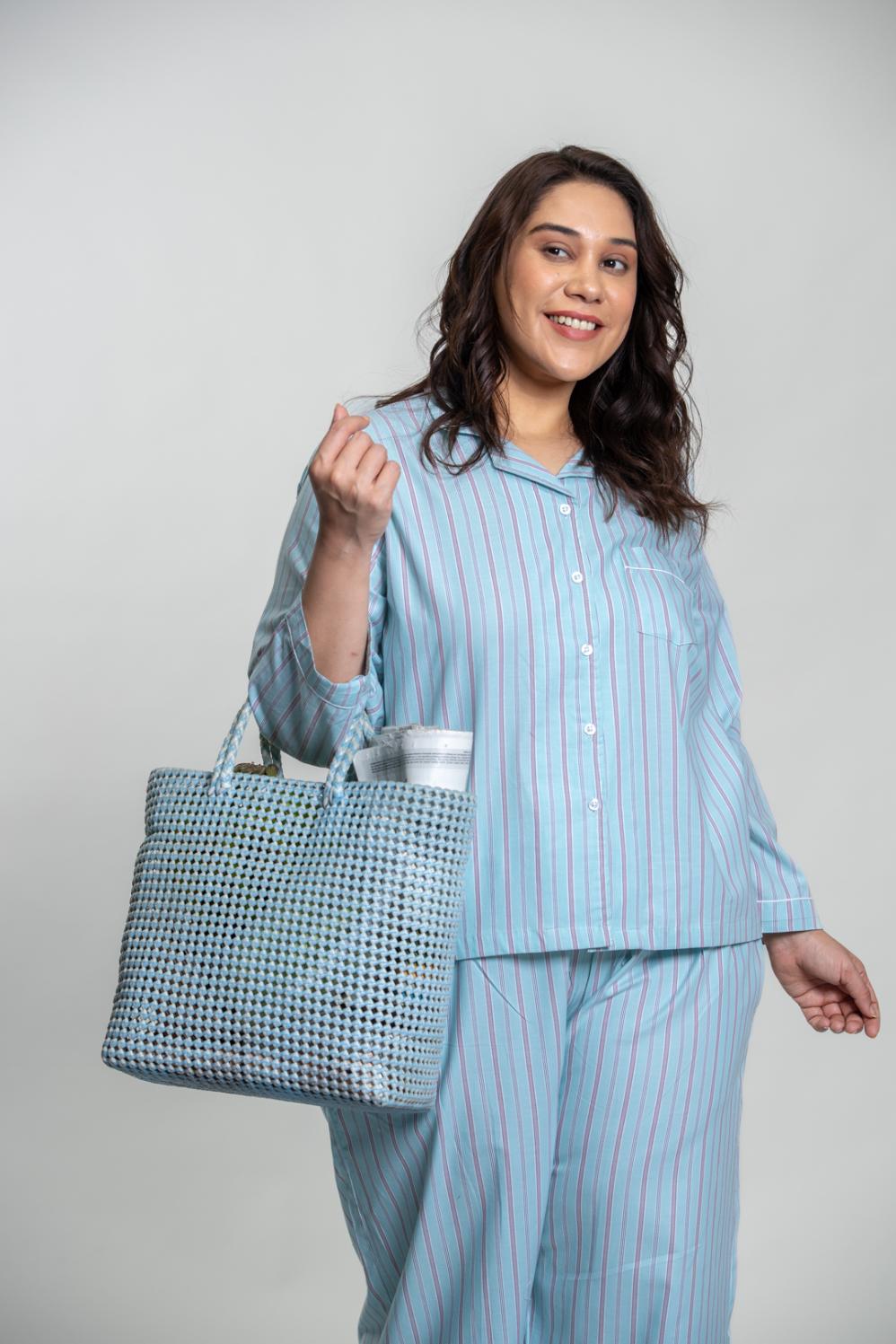 Tiffany Blue Twill Stripe Cotton Women's Curve Pajama Set- Full Sleeves