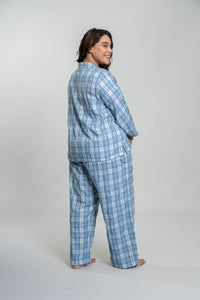 Dusty Blue Checked Soft Cotton Women's Curve Pajama Set - Full Sleeves