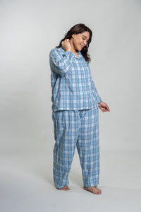 Dusty Blue Checked Soft Cotton Women's Curve Pajama Set - Full Sleeves
