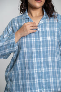 Dusty Blue Checked Soft Cotton Women's Curve Pajama Set - Full Sleeves