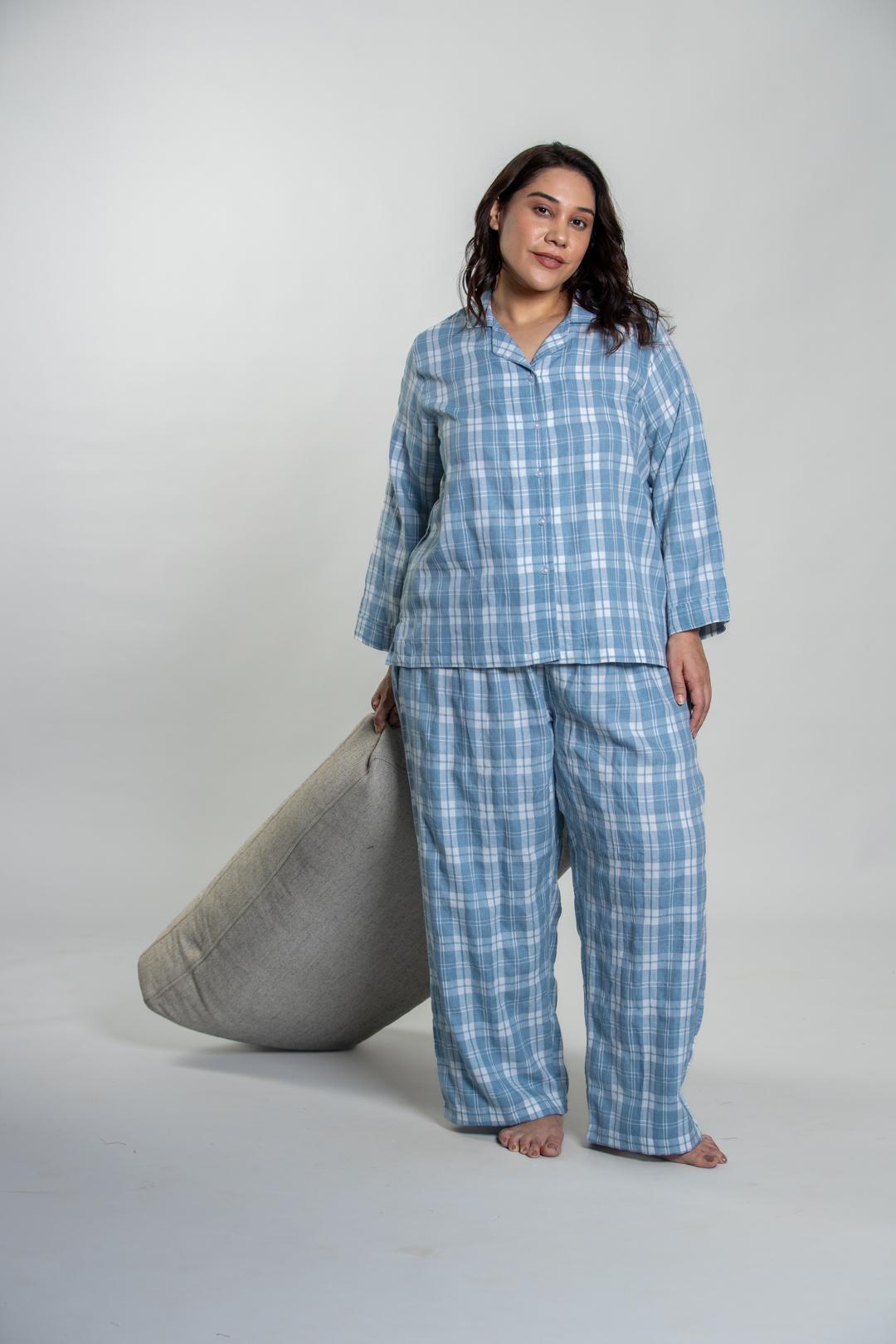 Dusty Blue Checked Soft Cotton Women's Curve Pajama Set - Full Sleeves