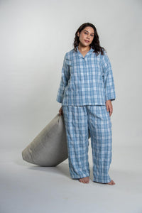 Dusty Blue Checked Soft Cotton Women's Curve Pajama Set - Full Sleeves
