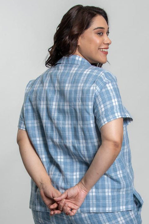 Dusty Blue Checked Soft Cotton Women's Curve Shirt Only - Half Sleeves