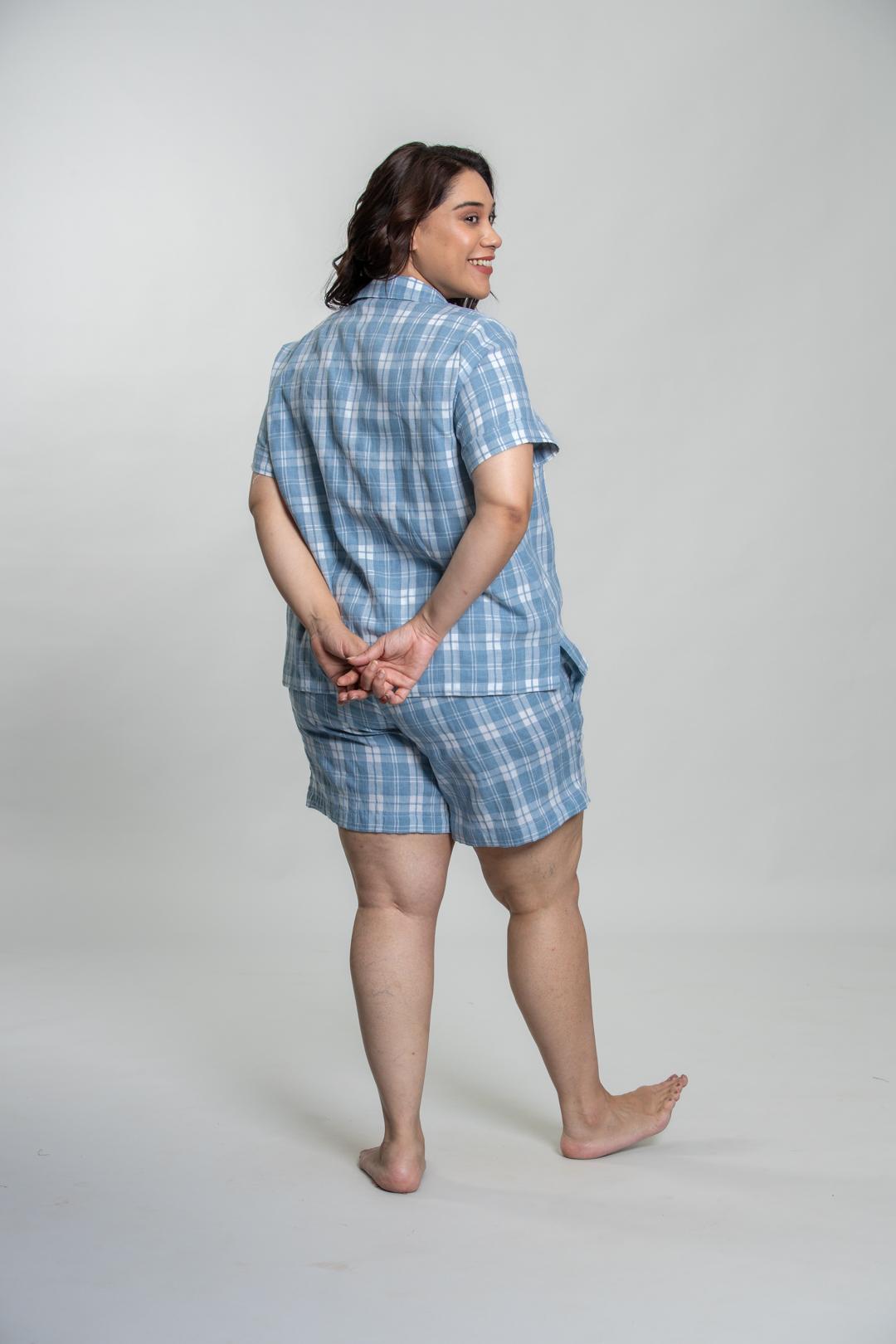 Dusty Blue Checked Soft Cotton Women's Curve Shorts Set - Half Sleeves