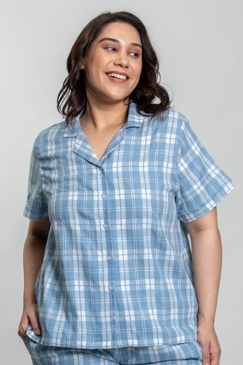 Dusty Blue Checked Soft Cotton Women's Curve Shirt Only - Half Sleeves
