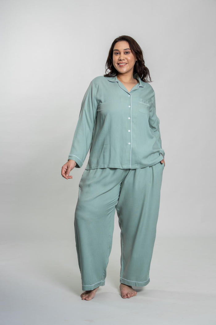 Emily Aqua Soft Cotton Women's Curve Pajama Set - Full Sleeves