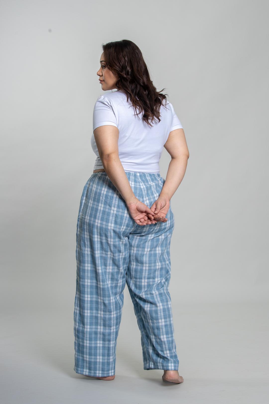 Dusty Blue Checked Soft Cotton Women's Curve Pajama