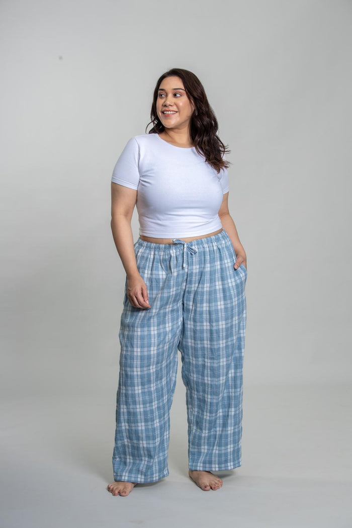Dusty Blue Checked Soft Cotton Women's Curve Pajama
