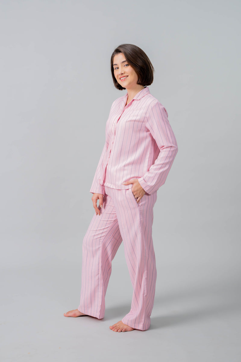 Pink Twill Stripe Cotton Women's Pajama Set- Full Sleeves