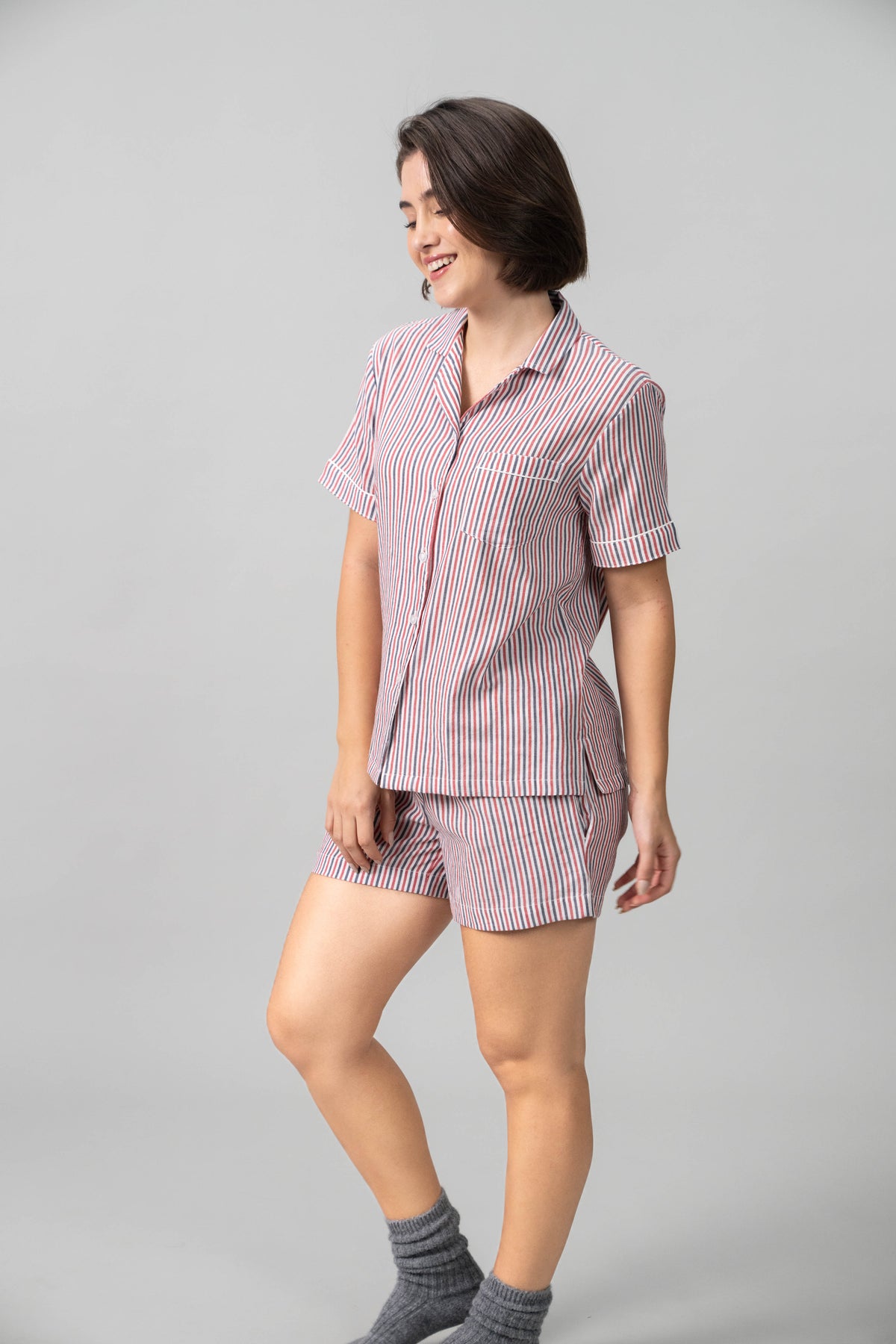 Scarlet Pinstripe Cotton Women's Shorts Set- Half Sleeves