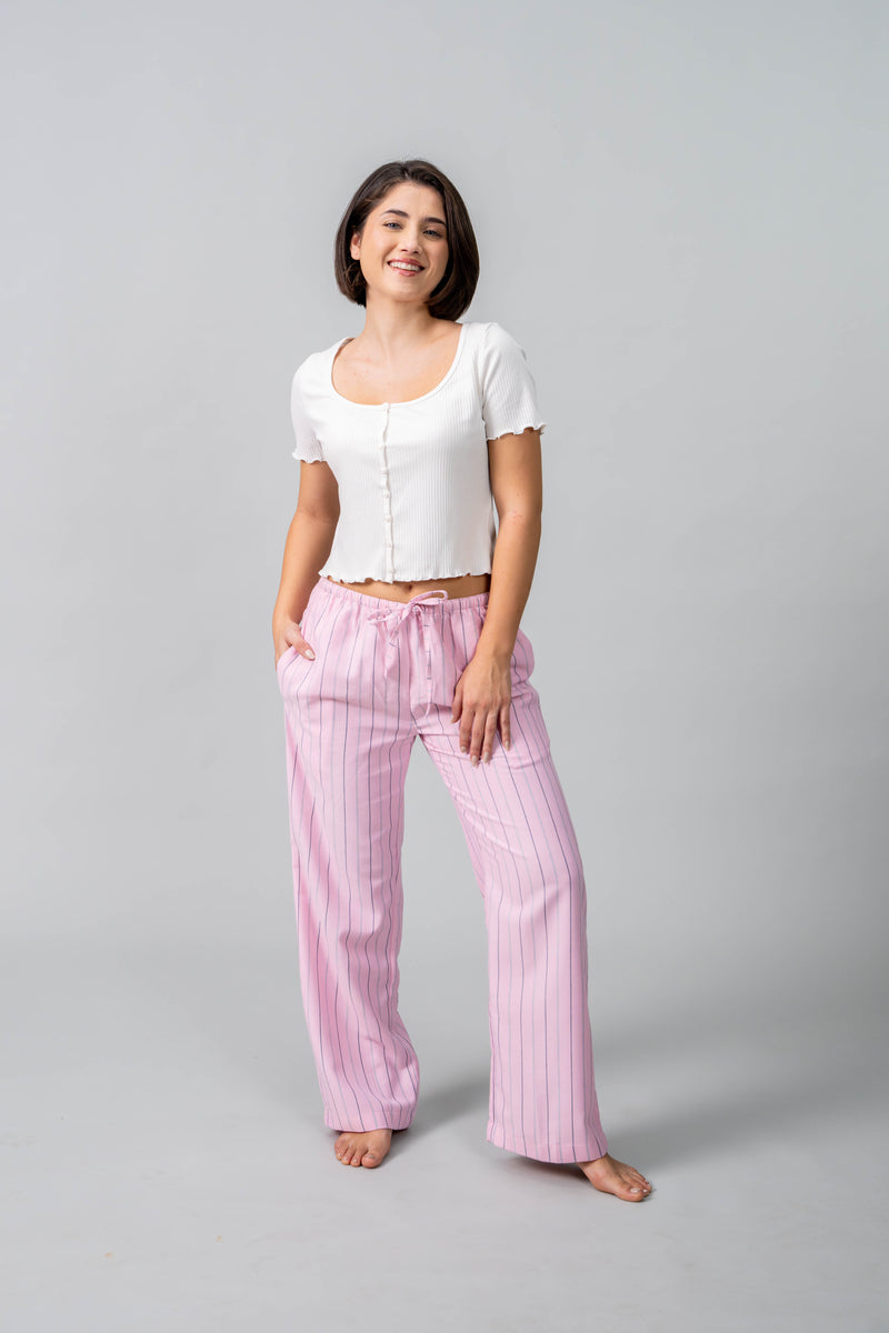 Pink Twill Stripe Cotton Women's Pajama