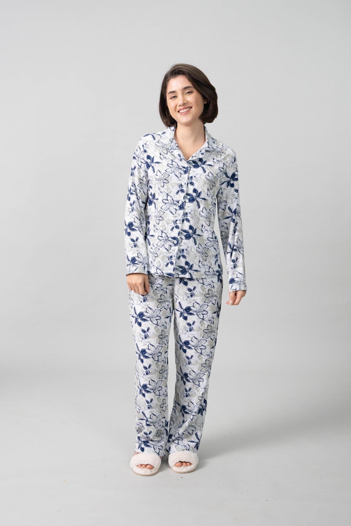 Haley White Floral Cotton Blend Women's Pajama Set- Full Sleeves