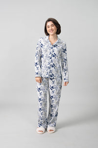 Haley White Floral Cotton Blend Women's Pajama Set- Full Sleeves