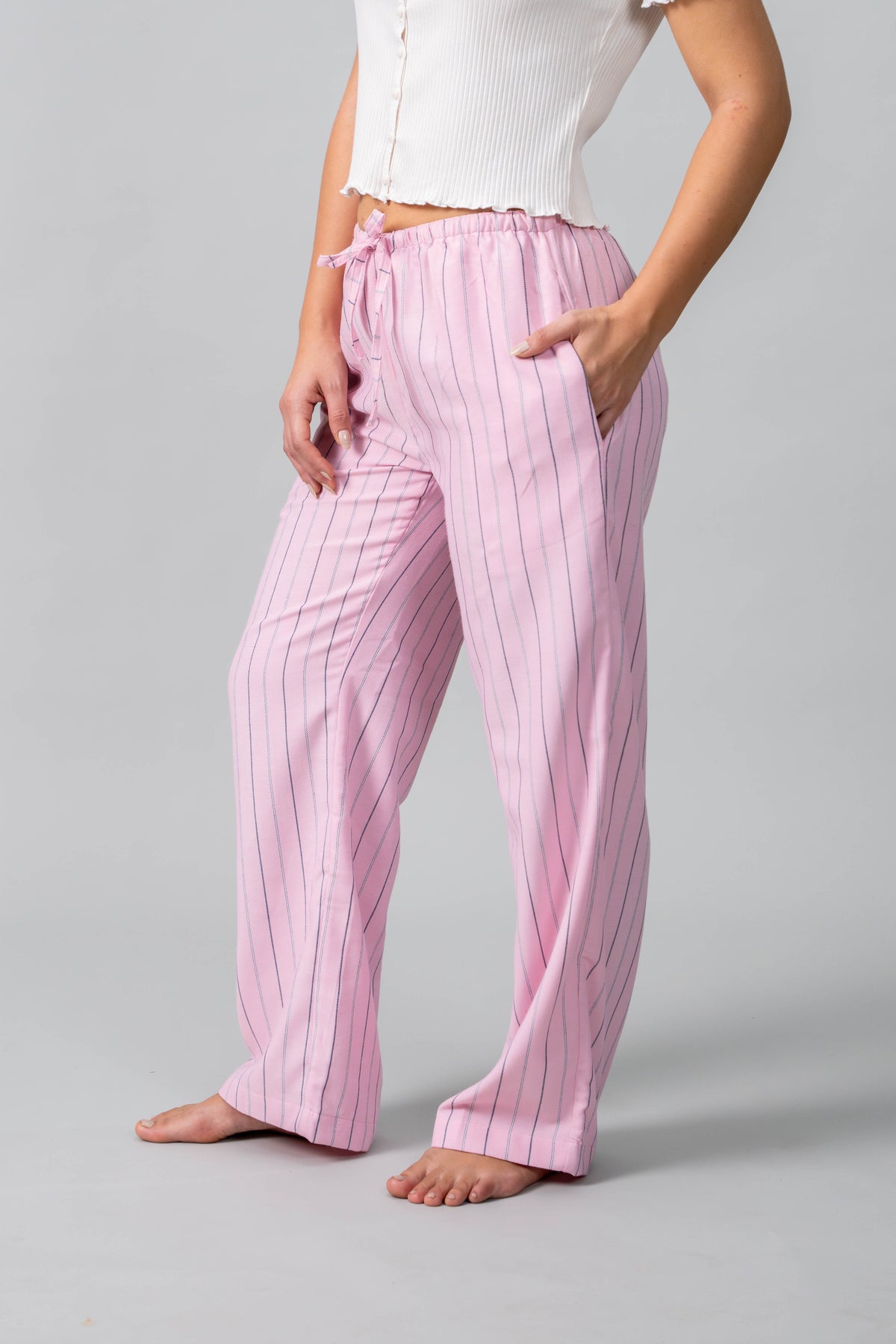 Pink Twill Stripe Cotton Women's Pajama