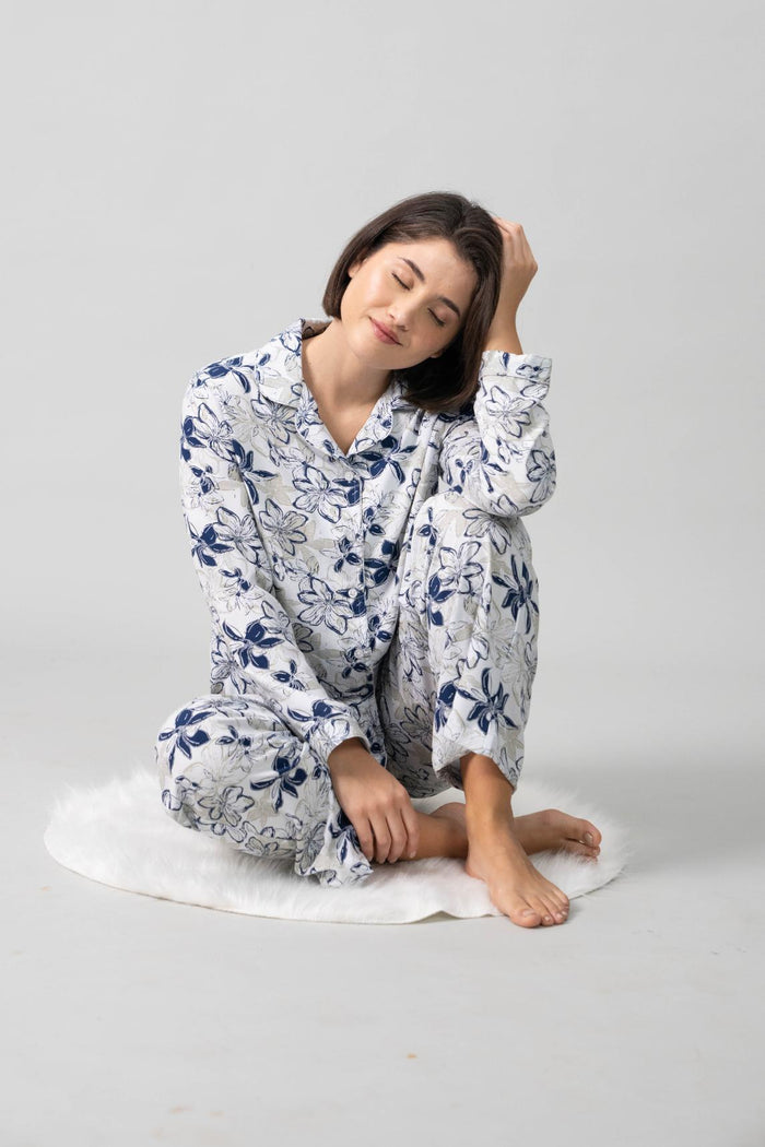 Haley White Floral Cotton Blend Women's Pajama Set- Full Sleeves
