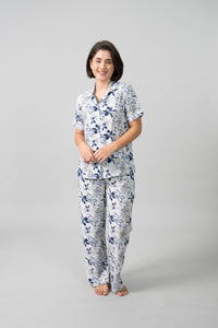 Haley White Floral Cotton Blend Women's Pajama Set- Half Sleeves