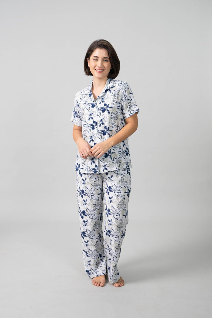 Haley White Floral Cotton Blend Women's Pajama Set- Half Sleeves