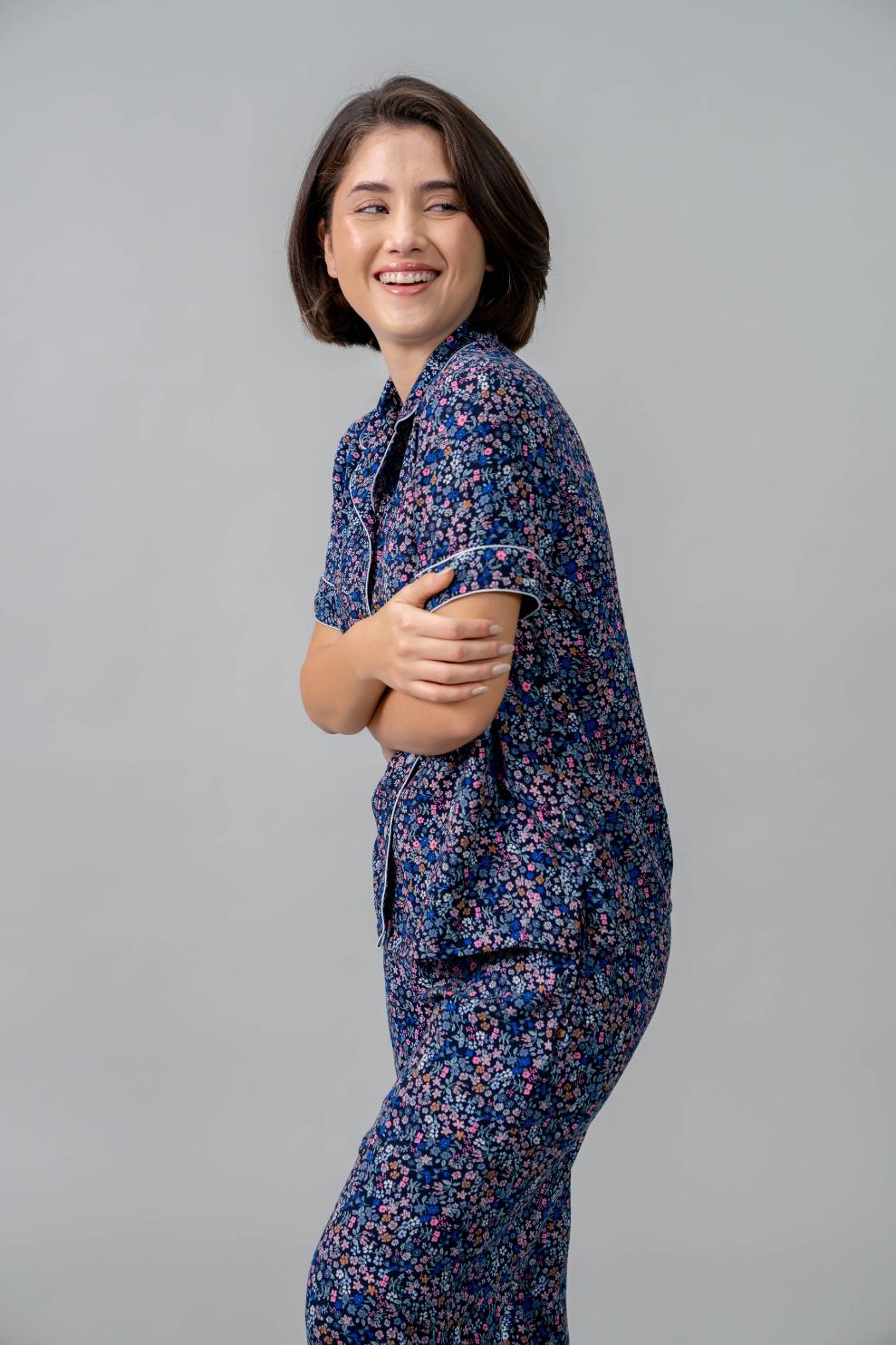 Ditsy Blossom Floral Cotton Blend Women's Pajama Set- Half Sleeves