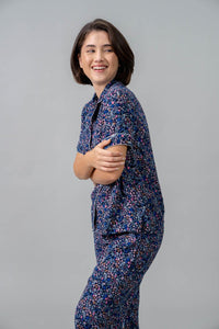 Ditsy Blossom Floral Cotton Blend Women's Pajama Set- Half Sleeves