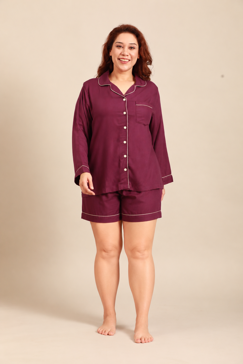 Merlot Emily Viscose Women's Curve Shorts Set - Full Sleeves